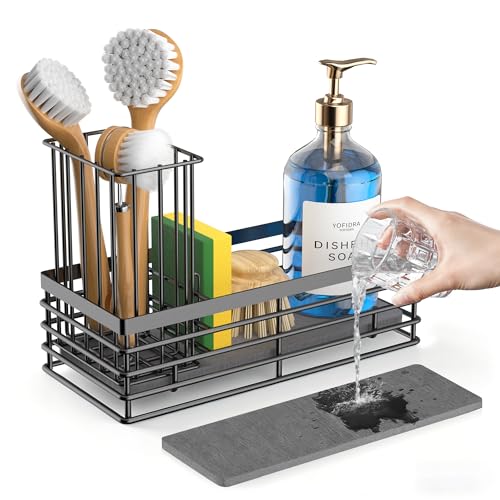 Yofidra Sponge Holder for Kitchen Sink, Sink Caddy with Stone Drying Mat - color: Metallic Black, size: Medium
