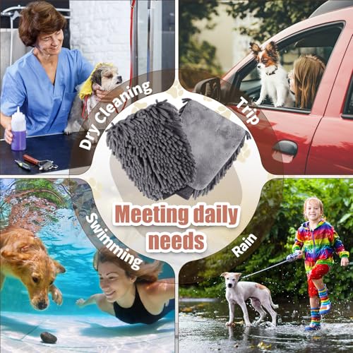 Teenyyou 2 Pcs Dog Towel Chenille Microfiber Pet Grooming Gloves,Grey - color: Grey