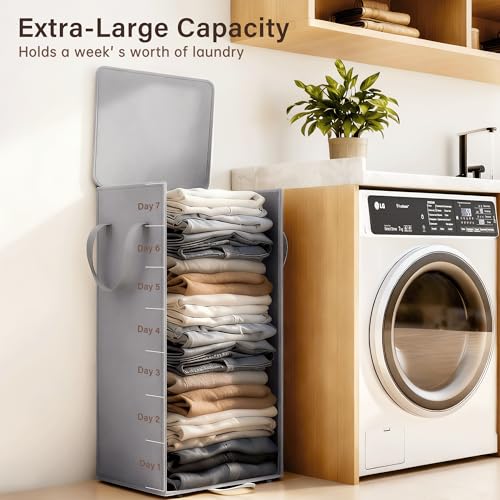 Criusia Laundry Hamper with Lid and Foot Pedal, 100L Fabric Laundry Basket with Removable Mesh Bag, Slim Foldable Design for Bathroom and Laundry Room (Gery)