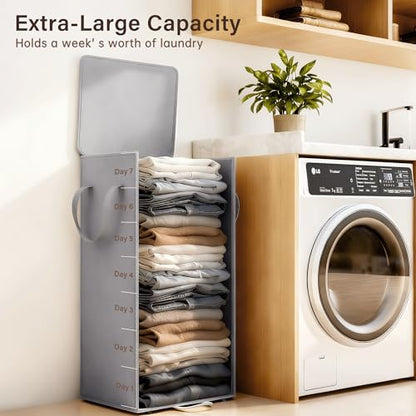 Criusia Laundry Hamper with Lid and Foot Pedal, 100L Fabric Laundry Basket with Removable Mesh Bag, Slim Foldable Design for Bathroom and Laundry Room (Gery)