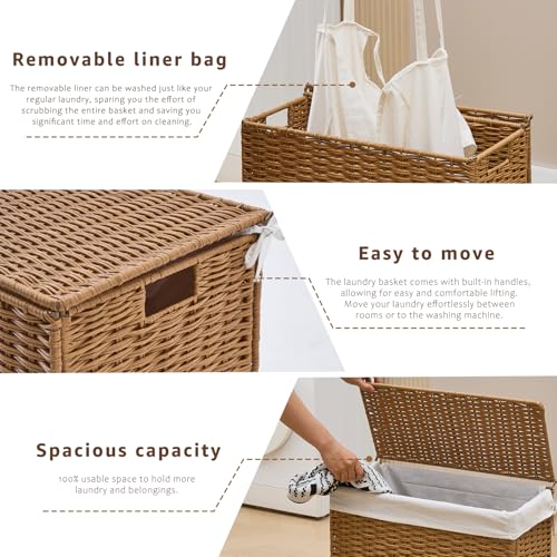Slim Laundry Hamper with Lid, Handwoven Natural Water Hyacinth Basket - color: Brown, size: 75L