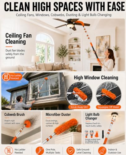 20 FT Ceiling Fan Cleaner Dusters with Telescoping Extension Pole - color: Orange, size: 12 FT
