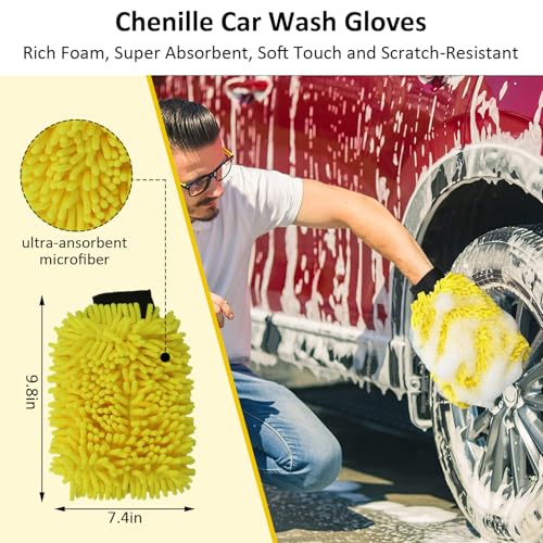 10Pcs Car Wash Detailing Kit Cleaning Kits,with Collapsible Bucket Wash Mitt Sponge Terry Towels Wheel Brush Window Scraper Coral Velvet Towel, Car Cleaning Tools Kit for Interior, Exterior, Wheels - color: Yellow 10pcs