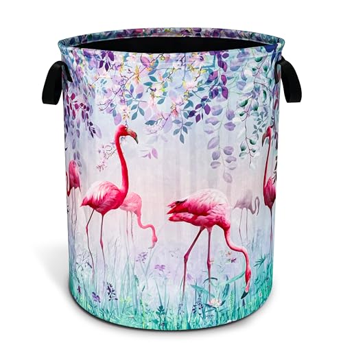 Flamingo Flowers Laundry Basket Foldable Waterproof Hamper 18.9 x 16.5 Inch - color: flamingo