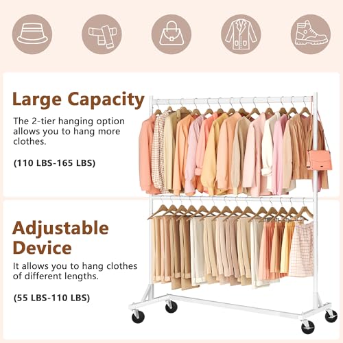 Hoctieon Double Rod Z Rack, Rolling Clothes Racks with Z-Base, Adjustable Clothing Rack, Standing Clothes Rack, Metal Clothing Racks for Hanging Clothes, Portable Garment Rack, White - color: White (1 Pack)