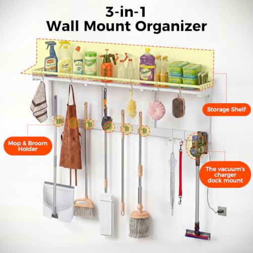 Broom Holder Wall Mount with Shelf,Broom Hanger,3 in 1 Broom and Mop Organizer Wall Hanging for Laundry,Garage,Utility,Broom Rack,Vacuum Stand Alternative,Cleaning Supplies Organizer Storage,White,XL - color: White, size: XL