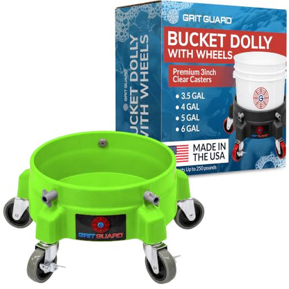 Grit Guard Bucket Dolly with Wheels - Rolling Detailing Wash Bucket with 5 Wheels and 2 Locking Casters Compatible with 2.5, 4, 5 and 6 Gallon Buckets (Green, 3" Grey Casters) - Made in the USA - color: Green, size: 3" Grey Casters