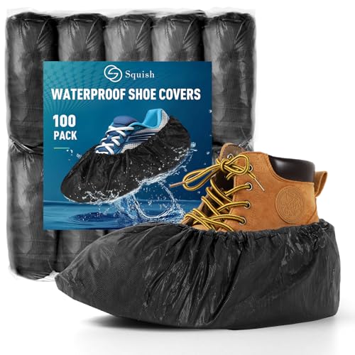 squish Shoe Covers Disposable Non-Slip, 100 Pack 6g Thick Booties Cover, Waterproof Slip Resistant Disposable Shoe Covers Durable Protector Covers for Indoors and Outdoors Fit Up to 13 Size (Black) - size: 100 Pack