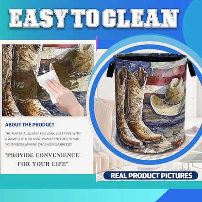 Cowboy Hat Boots American Flag Laundry Basket Oxford Cloth 18.9 x 16.5 Inch - color: Cowboy Hat Boots