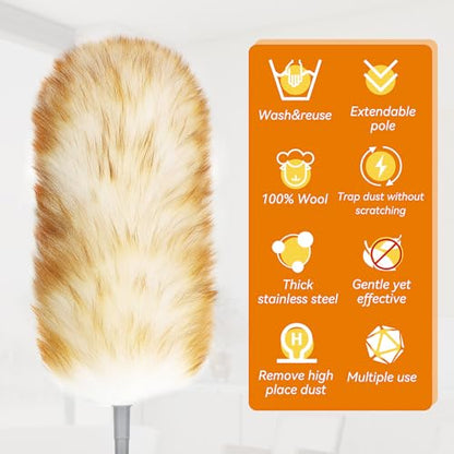 Lambswool Duster with Extendable Handle up to 88.58 in, Natural Feather Dusters Long Pole Stainless Steel, Fluffy Feather Duster for Cleaning High Floor Ceiling Fans, Window Blinds Shelves, Furniture