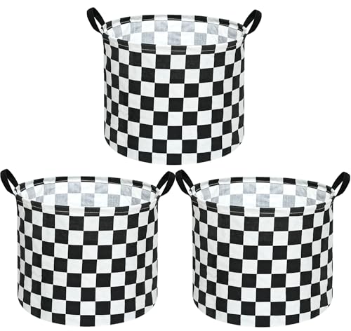 3 Pack Checkered Storage Baskets with Leather Handles, Foldable Fabric Toy Storage Bins with Waterproof Lining, Large Round Laundry Hamper for Kids Room, Nursery, Bedroom, Playroom Organization - color: 3pack Racing Checkered