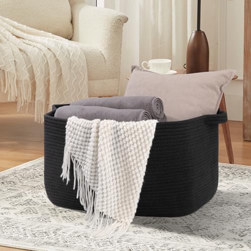 OIASKET 70L Large Blanket Basket, 21.6" x 16.9" x 11.8" Woven Basket - color: Black, size: 21.6"x16.9"x11.8"