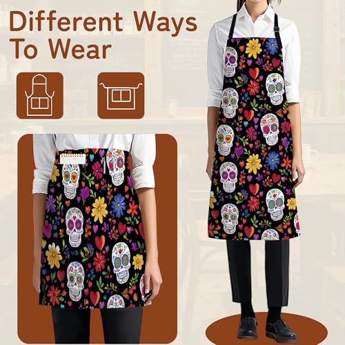 Cooking Aprons for Men and Women,Adjustable Bib Chef Apron with 2 Pockets, Soft and Durability Kitchen Apron - color: Mexican Skull Sugar Skull Day of the Dead