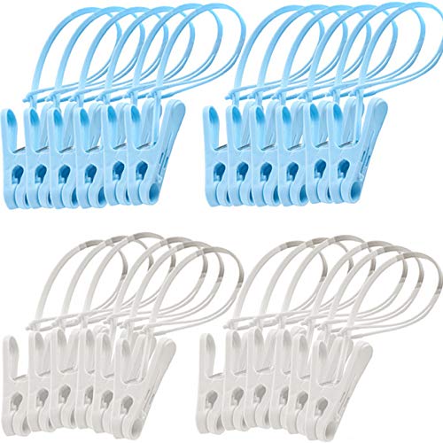 24Pcs Clothes Pins with Plastic Rope, Clothesline Drying Clothing Clips - color: Blue,white-24pack