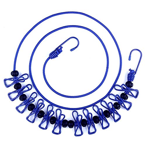 Portable Travel Clothesline, Adjustable Elastic Travel Camping Retractable Clothesline with 12pcs Clips for Outdoor and Indoor Use (Blue) - color: Blue