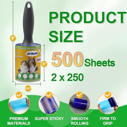 Lint Roller for Pet Hair 500 Sheets Extra Sticky Pet Hair Remover for Clothes Furniture Carpet Cleaner Cars Dogs Travel-Friendly Grip Handle Blue - size: 2 Rollers 500 Sheets Blue