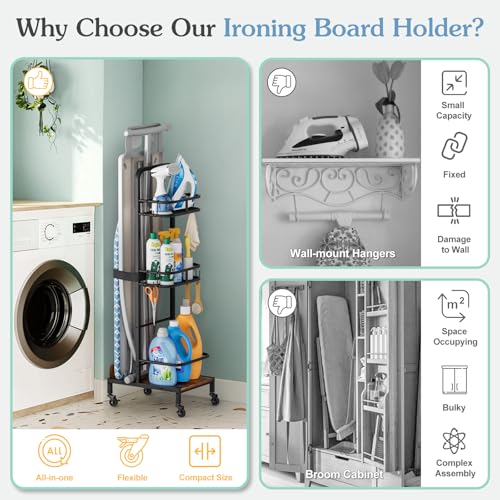 Ironing Board Hanger,Iron and Ironing Board Holder No Wall Mount,Laundry Room Organization and Storage Cart with Iron Stand,Narrow Laundry Shelves Organizer Cabinet,Laundry Room Essentials Accessories
