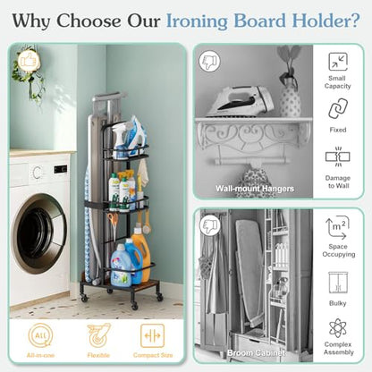 Ironing Board Hanger,Iron and Ironing Board Holder No Wall Mount,Laundry Room Organization and Storage Cart with Iron Stand,Narrow Laundry Shelves Organizer Cabinet,Laundry Room Essentials Accessories