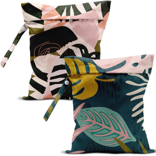 2 Pcs Wet Bag, Waterproof Wet Dry Bag, Small Laundry Bag, for Swimsuit, Pool, Travel, Beach, Diapers, Dirty Yoga Gym Clothes, Makeup Bags for Travel, Tropical Palm Leaves Decor Jungle - color: 2PCS PalmLeaf 1