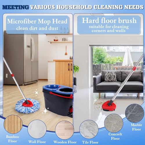 4 Packs Spin Mop Replacement Heads Compatible with Ocedar RinseClean 2-Tank System, 30-58" Mop Handle,Mop Scrub Brush and Base Combo Set,Mopping Refills Easy to Replace and Cleaning - color: Blue Scrub Brush Mop Set, size: For 2-Tank