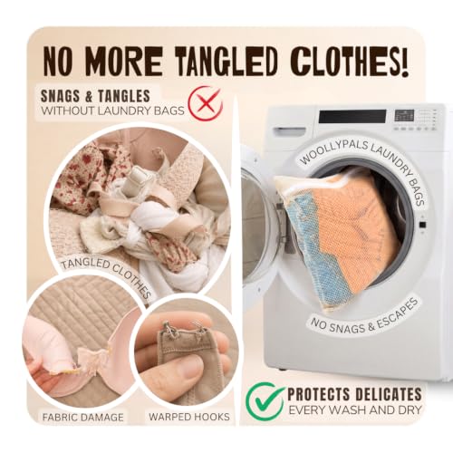 WoollyPals Large Cotton Mesh Zippered Laundry Bags (16" x 20") – 2-Pack with Storage Pouch – Washer & Dryer Safe, Durable Zipper, Breathable Mesh for Clothes, Delicates, Underwear, Shoes & Lingerie