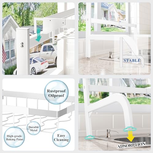 Over The Sink Dish Drying Rack, Adjustable (25.5 to 36.5 inch) 2 Tier Metal Steel Dish Drying Racks for Kitchen Counter with Hooks Paper Towel Utensil Cup Holder Sink Caddy (White) - color: White