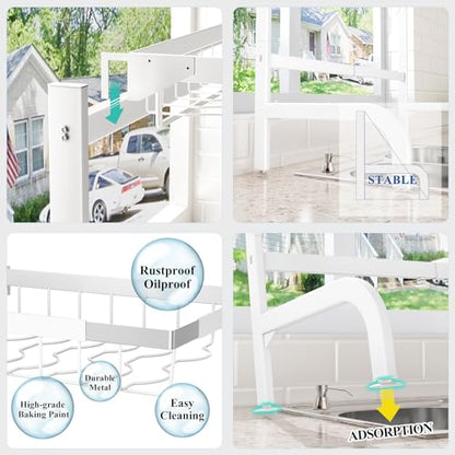 Over The Sink Dish Drying Rack, Adjustable (25.5 to 36.5 inch) 2 Tier Metal Steel Dish Drying Racks for Kitchen Counter with Hooks Paper Towel Utensil Cup Holder Sink Caddy (White) - color: White