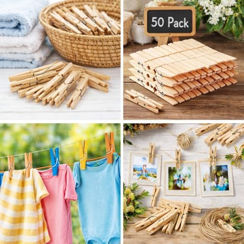 ADAK 50 Pack Wooden Clothespins, 2.9 Inch Large Wood Clothes Pins, Heavy Duty Laundry Clips (Natural Wood)
