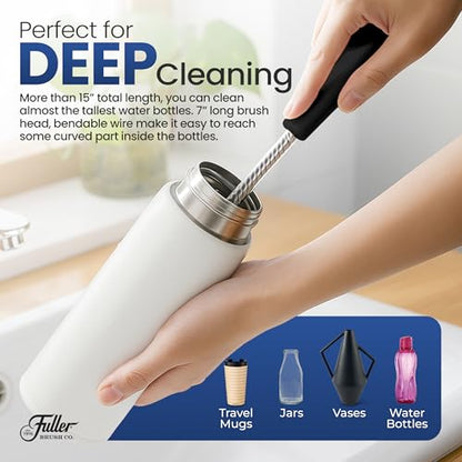 Fuller's Bottle & Tumbler Cleaning Brush - 15” Long Handle with Soft Nylon Bristles | Twist-Wire Design for Travel Mugs, Jars, Vases & Water Bottles | Durable, Dishwasher Safe & Non-Slip Grip