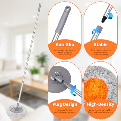 Wall Mop for Painted Walls, Wall Cleaner Mop with 104''/ 62" Long Handle, Dry Mop for Wall Floor Ceiling Cleaning, 2 Reusable Pads (Grey) - size: 62 in / 157 cm