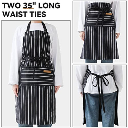 NLUS 2 Pcs Kitchen Cooking Aprons, Poly/Cotton Blend Adjustable Soft Bib Stripe Aprons with 2 Pockets for Women Men Chef (Blue Pinstripes/Black Stripes) - color: Denim Blue/Black