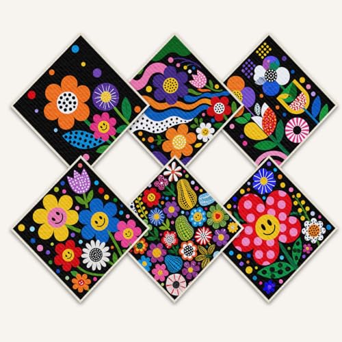 Shwing Swedish Dishcloths for Kitchen 6 Pack Retro Colorful Floral Smile Face Reusable Paper Towels Kitchen Towels Dish Cloths for Washing Dishes Washable Quick Drying Absorbent Cleaning Cloths - color: Retro Colorful Floral