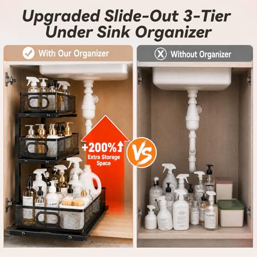 3-Tier Under Sink Organizer 2-Pack Organization for Bathroom Kitchen,Black - color: Black