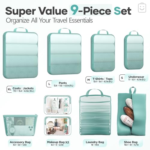 Veken 9/11 Set Compression Packing Cubes for Travel Essentials,Compressible Expandable Large Luggage Suitcase Organizer Bags for Clothing,Space Saver Bags with Over 1000 pcs of Mesh Holes(Blue Green) - color: Blue Green, size: 9 set