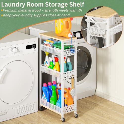 OKZEST Slim Laundry Room Organization Cart with Detergent Dispenser Holder - color: White, size: 4-Tier (with Detergent Dispenser Holder)