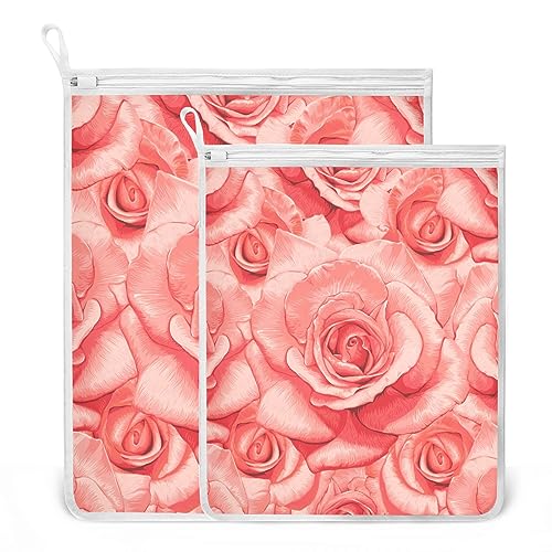 Mesh Laundry Bags Lingerie Bags for Washing Delicates 2 PCS Wash Bag with Zipper Small and Medium Washable Red Roses - color: Red Roses