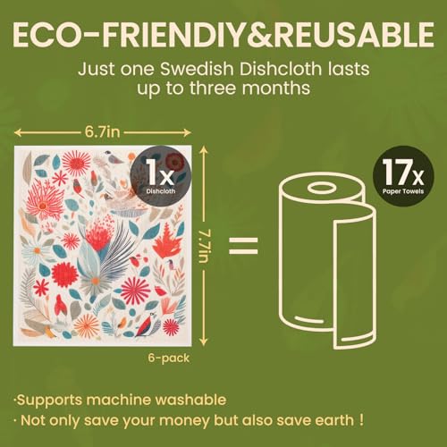 Swedish Dishcloths for Kitchen Reusable 6 Pack Kitchen Towels No Odor Quick-Drying Reusable Paper Towels Reusable Paper Towels Washable for Countertop Sink Kitchen Flower Bird - color: Bird Flower