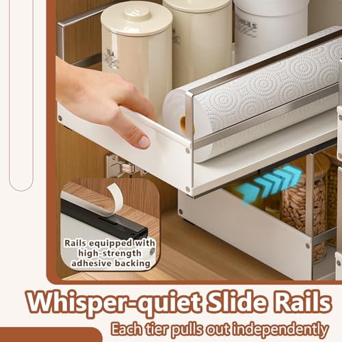 Pull Out Cabinet Organizer with Adhesive Nano Film, Heavy Duty Slide Out Pantry Shelves Drawer Storage, Metal Under Sink Organizers for Bathroom, Kitchen (White,11”W x 16.54”Dx 6.3”H)
