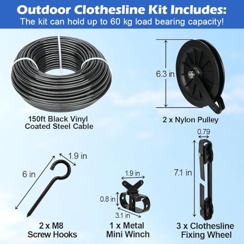 Outdoor Clothesline Kit, Black Clothes Line Pulley Kit Heavy Duty - size: 150FT Black