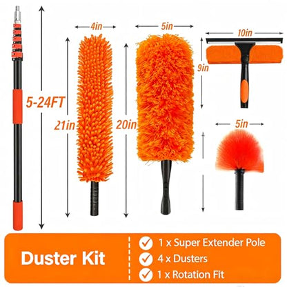 30FT High Reach Duster Cleaning Kit with 5-24 FT Extension Pole - size: Reach 30FT(24FT)