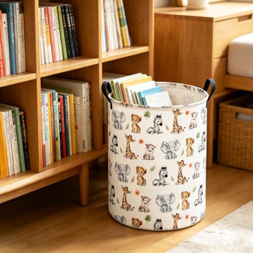 Round Jungle Wildlife Laundry Hamper, Cotton Canvas Storage Bin - color: Round Safari Animal