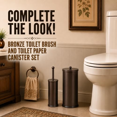 HUJI Rust Resistant Bronze Toilet Brush Holder with Lid Perfect Bathroom Bowl Cleaning Set Gift for House Warming or College Dorms Accessories (1, Bronze Toilet Brush)