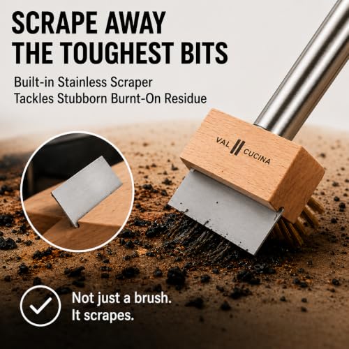 VAL CUCINA Pizza Oven Brush with Scraper, Duty Pizza Stone Brush and Cleaning Tool, Long Stainless Steel Handle Pizza Stone Scraper, Wire Bristle Pizza Brush for Pizza Oven Cleaning