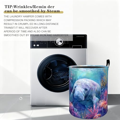 Cute Manatee Laundry Basket Hamper for Boys Girls Kids Adults, Foldable Waterproof Oxford Clothes Storage Bin, Marine Animal Organizer for Bedroom Bathroom Room Decor 19.7"x15.7" - style: Manatee