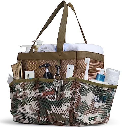 Mesh Shower Caddy Portable - 8 Pockets, S-Hook, Shower Bag for Dorm Camping - color: L, Brown Camouflage, size: L (Classic Dorm Caddy)