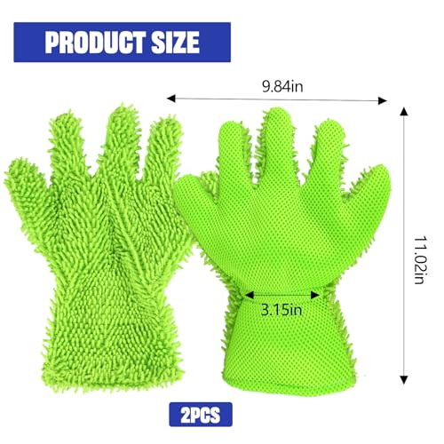 2PCS Car Wash Mitt, 5 Finger Chenille Microfiber Cleaning Mitt for Cars, Scratch-Free Auto Washing Gloves, Car Interior Exterior Cleaning Gloves, Great for Hard-to-Reach Areas (Green) - color: Green
