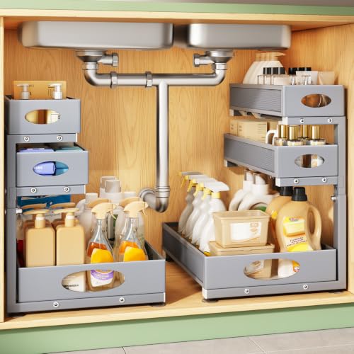 Kitstorack Under Sink Organizer 3-Tier Slide Out Drawer 2-Pack Grey - color: Gray, size: 2-Pack
