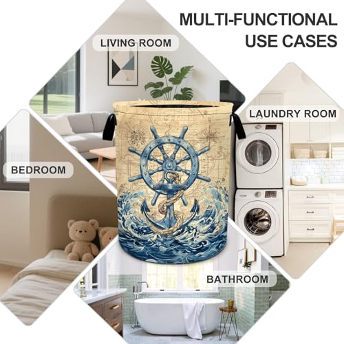 Nautical Laundry Basket Foldable Oxford Laundry Hamper With Handle For Room Bathroom Bedroom - color: Nautical