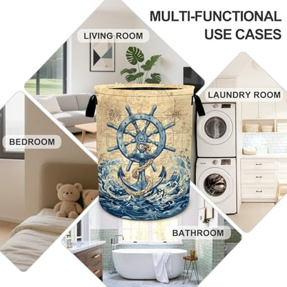 Nautical Laundry Basket Foldable Oxford Laundry Hamper With Handle For Room Bathroom Bedroom - color: Nautical