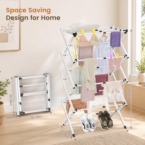 4-Tier Foldable Clothes Drying Rack, Adjustable Width 16.3"-27.95", Heavy Duty Stainless Steel Laundry Drying Rack Holds Up to 60 lbs, No Assembly, Space-Saving Indoor & Outdoor Drying Rack - color: White, size: 4 Tier